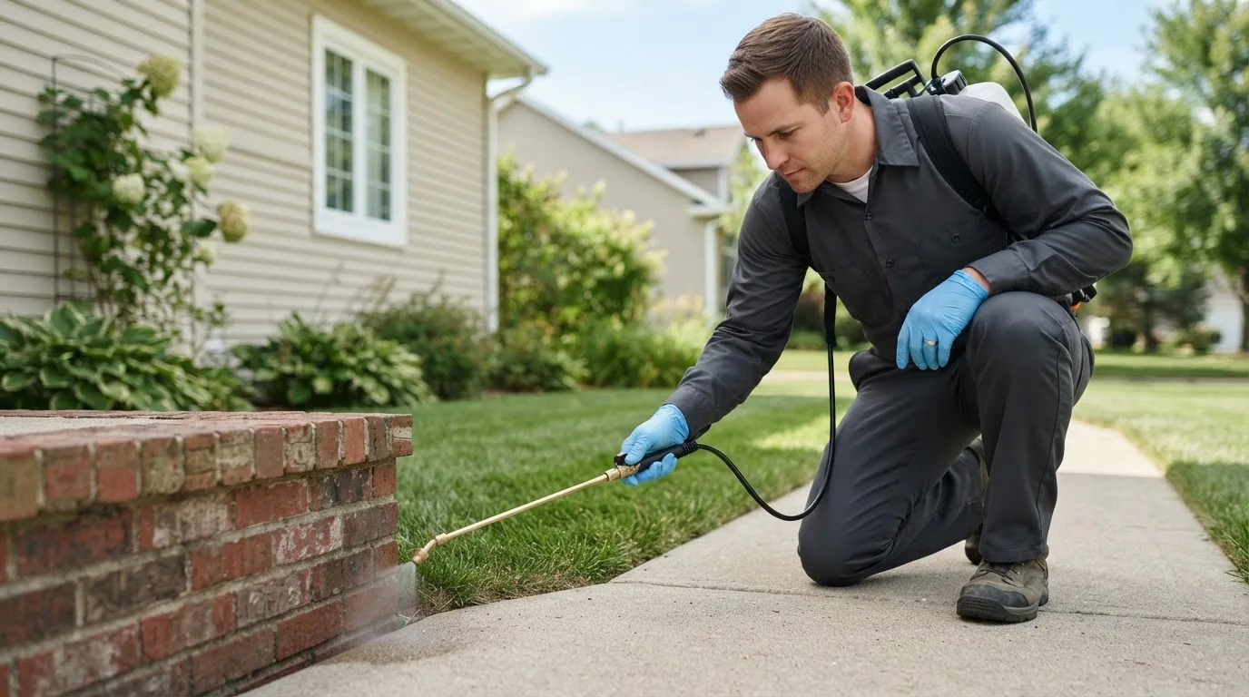 Pest control technician treating a home near Grasston, MN