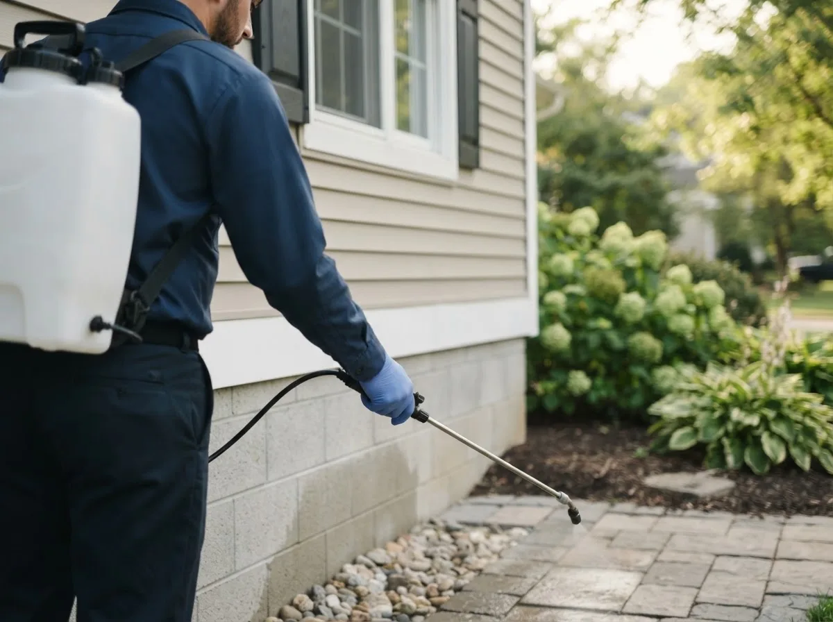 Pest control technician inspecting a home in Grasston, MN